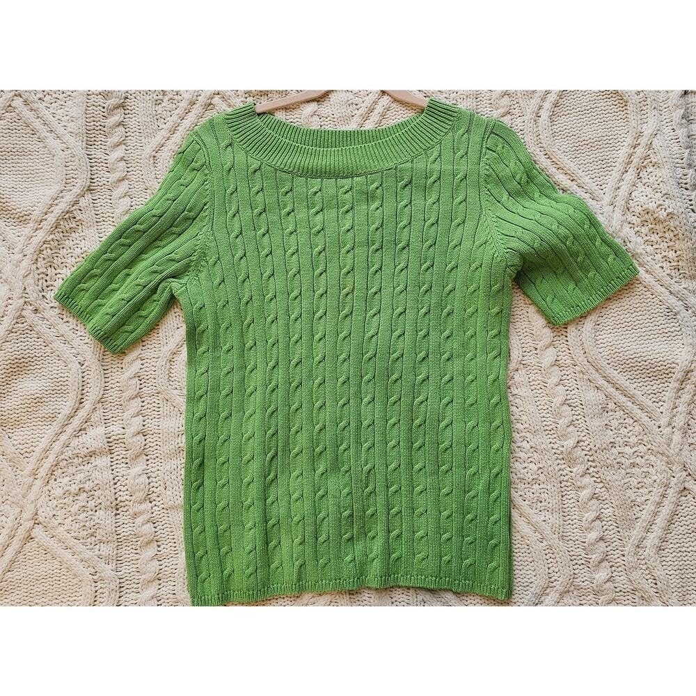 Talbots Cable Knit Dolman Spring Green Sweater Short Sleeve Large Petite‎ LP